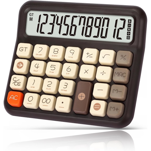 Desk Calculator 12 Digit, Retro Cute Basic Calculator with Extra Large LCD Display and Buttons- Brown