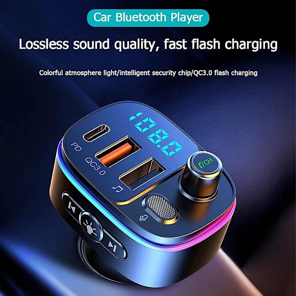 Universaali 7-värinen LED-auton Bluetooth 5.0 FM-lähetin Auton MP3-soitin Kaksi USB-autonlaturi