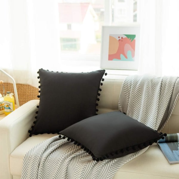 Sett med 2 dekorative, rynkete putetrekk, firkantet mykt putetrekk Hjemmeinnredning for sovesofa (18 x 18, svart)