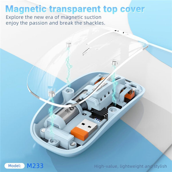 Mus BT Trådløs M233, Transparent Magnetisk Mus 2.4G Genopladelig til PC Genopladelig (Orange) pink