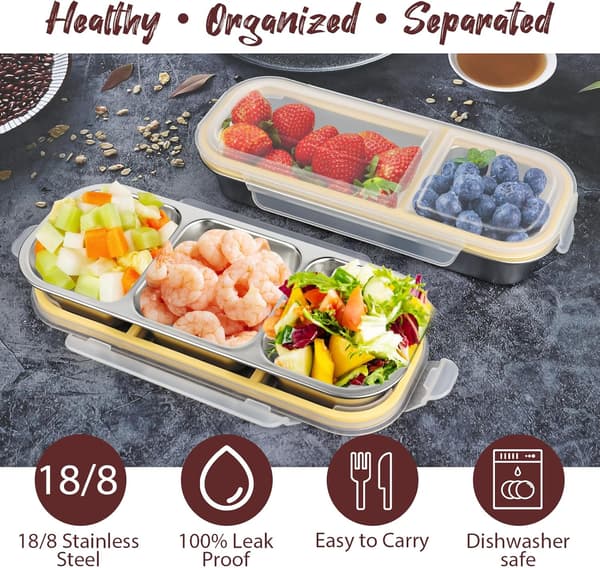 2 stk. snackboks med rom, 2 og 3 rom, matboks i rustfritt stål (26,2*10,3*4 cm, 600 ml)
