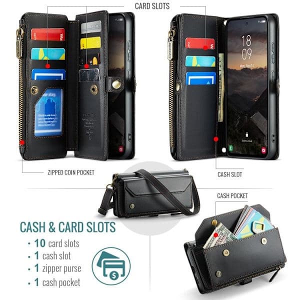 Samsung Galaxy S26+ / S26 Plus 5G Cover med kortpladser, lynlåspung RFID-beskyttelse - CaseMe C36 Læder Sort Black