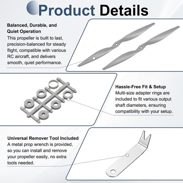 MECCANIXITY 16x8 tommer RC-propeller, 2-bladet propellerudskiftning grå højhastighedspropeller med adapterringe og propelnøgle til RC-fly 16" x 8" 1