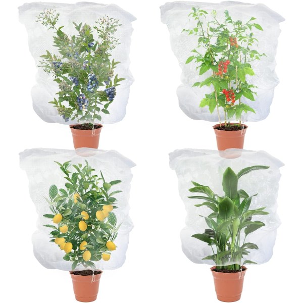 Frugttræ Netting Fuglebeskyttelse med Snøre, 4 Pakke Plante Netting Tomat Blåbær Buske Dække Net Have Plante Netting Barriere Dække Poser 80×100cm