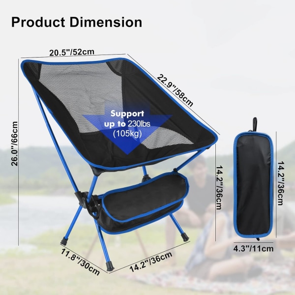 Taitettava retkituoli, ultrakevyt, kannettava repputuoli, kantavuus 135 kg, ulkoilutuolit kantokassilla retkeilyyn, puutarhaan blue