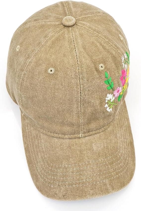 1 stk. baseballkasket til kvinder, blomsterbroderet vasket bomuldshat, khaki khakli