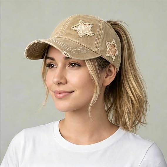 1 stk. Vasket bomuld distressed baseballkasket til kvinder med hestehalehul Udendørs solhat, khaki. khaki