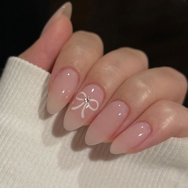 24Pcs Short False Nails - Pink French False Nails Press on Nails - Full Cover False Nails White Almond Stick on Nails - French Fake Nails Stick