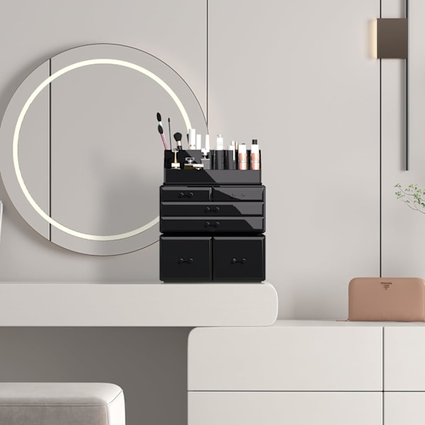Makeup Organizer 3 stykker Kosmetisk opbevaringsboks med 6 skuffer (sort)