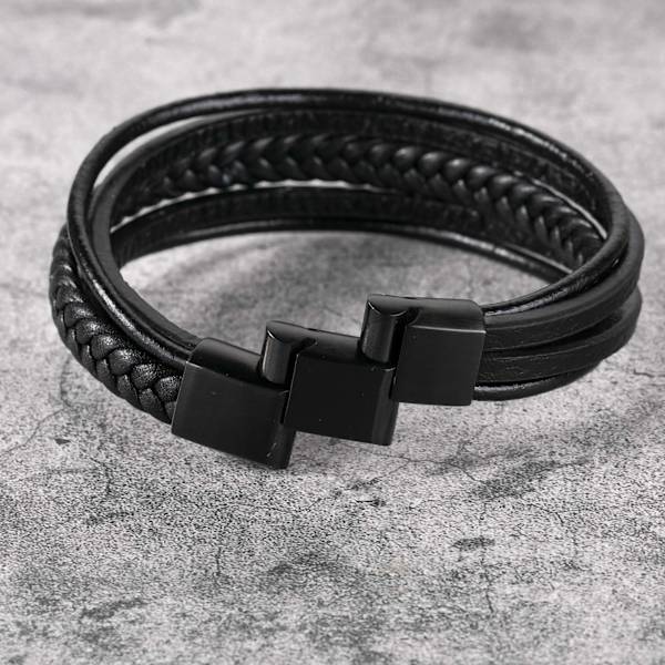 Herr armband i rostfritt stål äkta läderarmband flätat med spänne