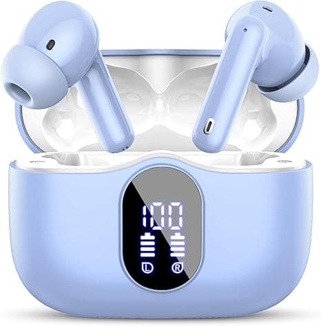 Trådløse hovedtelefoner Bluetooth 5.4 med LED-display, støjreducerende mikrofon, HiFi Stereo In-Ear hovedtelefoner, IP7 vandtæt til iPhone Android Pale blue