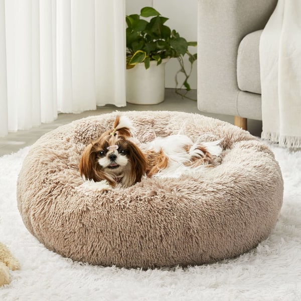 Hundsäng och kattsäng, original lugnande hundsäng, ångestdämpande munkgos rund varm säng för hundar med fluffig bekväm plysch Kennelkudde (20",24",27")