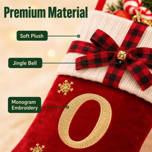 45 cm rød julesok i fløjl med bogstavet N og bjælder N