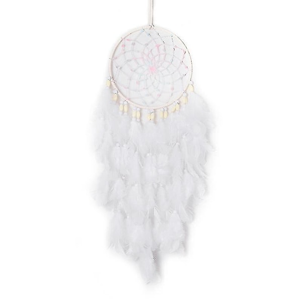 Led Dream Catcher Vægdekoration Hvid Fjer Dream Catcher Med Lys, Håndlavet Perle Boho Vævet Kunst Ornament