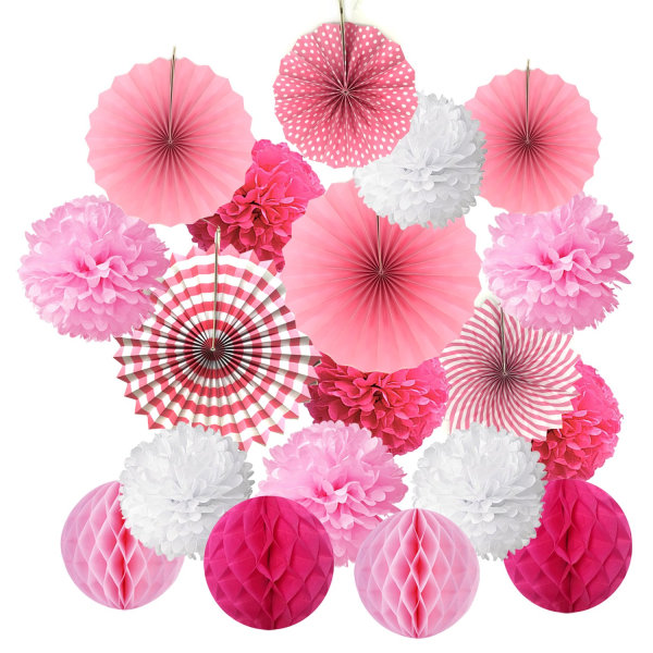 Hængende papirventilatorsæt, silkepapir Pom Poms blomstervifte og honeycomb-bolde til fødselsdagspynt til babyshower bryllupsfestival (Pink)
