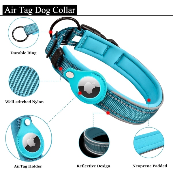 Reflekterende AirTag hundehalsbånd, ivienx Apple Air Tag Heavy Duty Hundehalsbånd [Bred] polstret kjæledyrhalsbånd med AirTag-veskeholdertilbehør (blå, M)