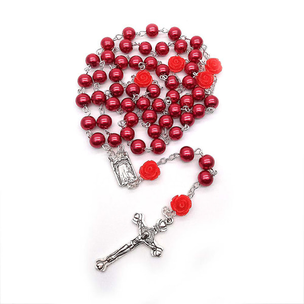 Mode kristna glaspärlor hängande kors rosenkranshalsband Acc Red
