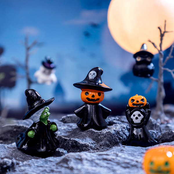 Mini Halloween Ornament Heks Spøkelse Gresskar Figur Mikroskopisk Land A12