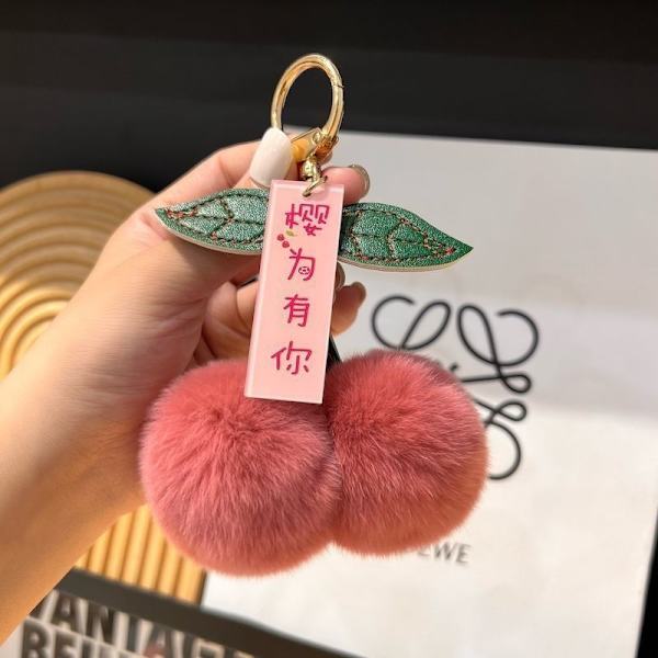 e Plysj Ball Cherry Key Chain Cartoon Ball Car Key Chain Pendan Dark pink
