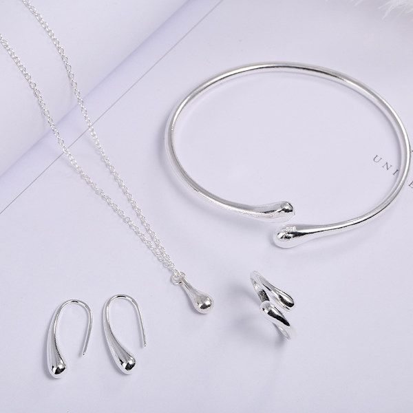 4 stk Fashion Teardrop smykkesæt til kvinder ring halskæde brace Silver