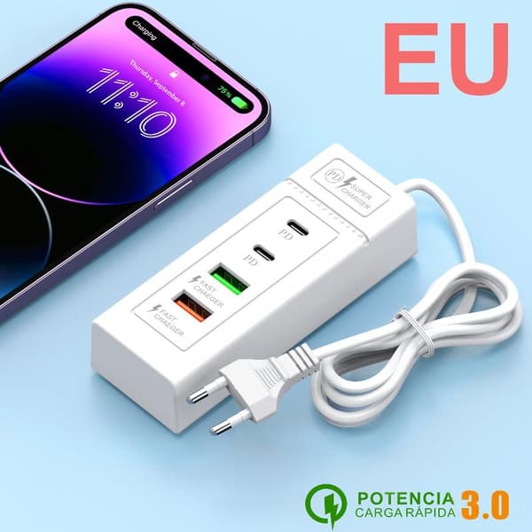 1 stk USB C-lader strømskinne med flere porter for rask lading 4USB EU