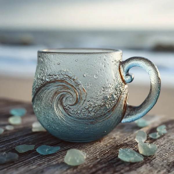 Havsglas Vågmugg 35 cl Handblåst Ocean Wave Glasmugg Kopp Uni