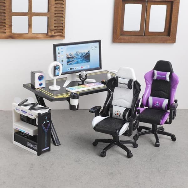 Mini Gaming Skrivbordsstol Set 1/12 Dockhus Datorbord Skärm Orange