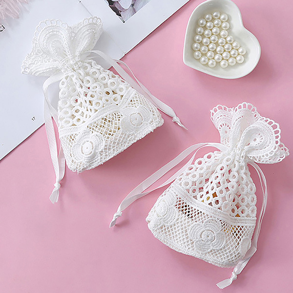 Rundt hull Lace Bag Smykker Oppbevaringspose Melkegarn Bundle Lomme