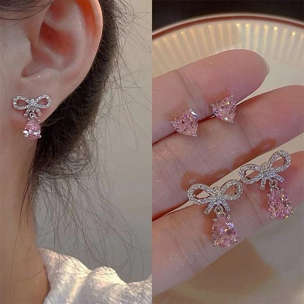 Elegante Udsøgte Pink Zircon Heart Sløjfe Øreringe Romantiske B