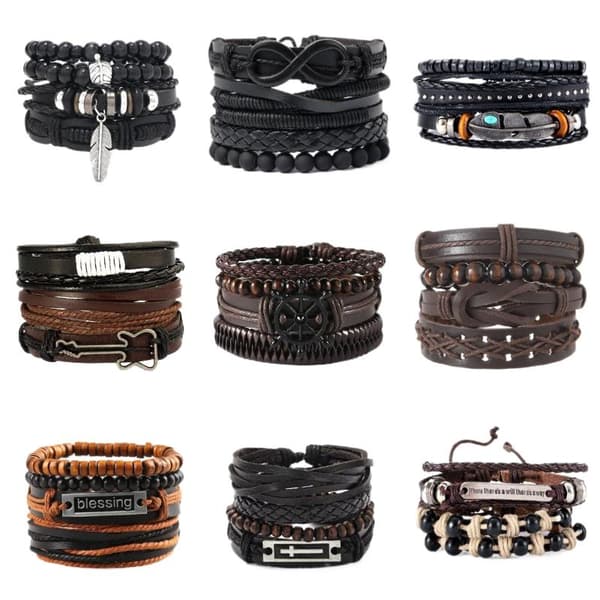 Set flätade läderarmband för män, vintagefjäder A10
