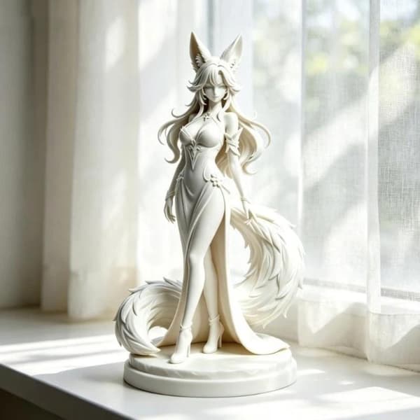 Elegant Kitsune-jente Ufarget PLA-skulptur Lang Fluffy Hale A1