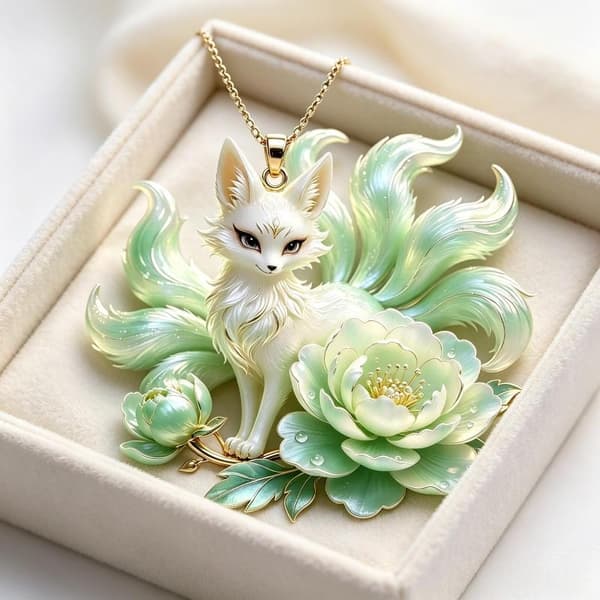 Halsband med niosvansad räv och pionblomma, smycke A1