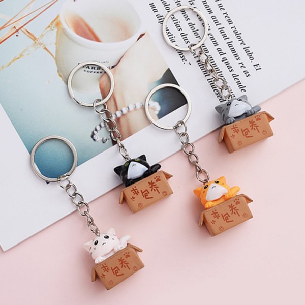 Creative e Little Cat Box nøkkelring for kvinner menn nøkkelring bag C White
