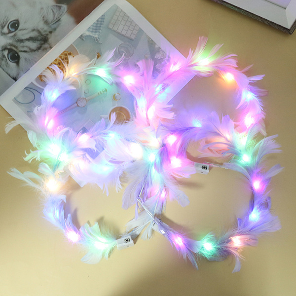LED Feather Wreath Crown Light-Up Luminous Headdress för flickor 7(warm light white)