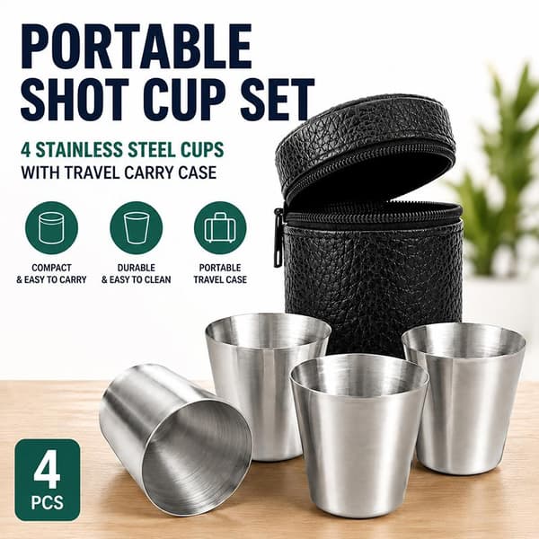 Muggset i rostfritt stål, 4-pack med bärbart förvaringsfodral i läder 4PCS