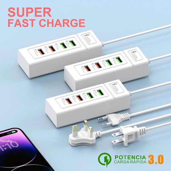 1 stk USB C-lader strømskinne med flere porter for rask lading 4USB EU