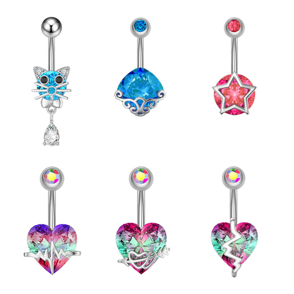 Kirurgisk stål Krystall navle ringer Zircon Heart Navel Pi C