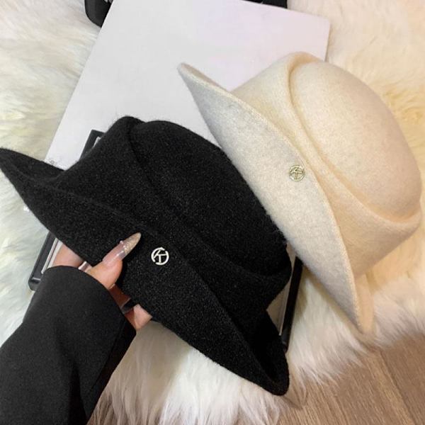 Fransk Hepburn-stil Elegant Sort Høj Hat Efterår Vinter Rullet Beige