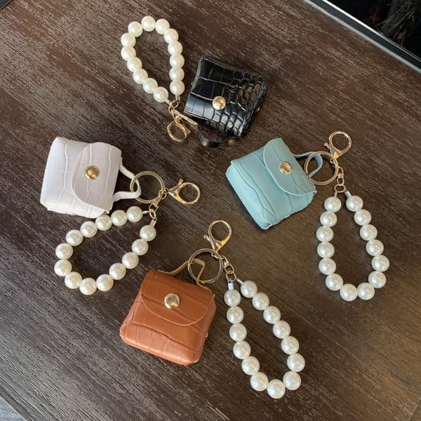 Myntplånböcker Pearl Chain Keychain Hörlurslåda Key Organizer Bag White