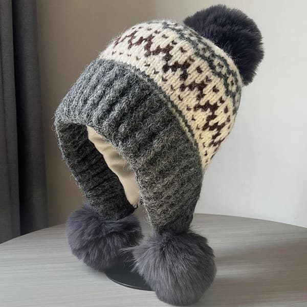 Fair Island-stil Retro Stickad Mössa Vinter Pom-pom Öra A1