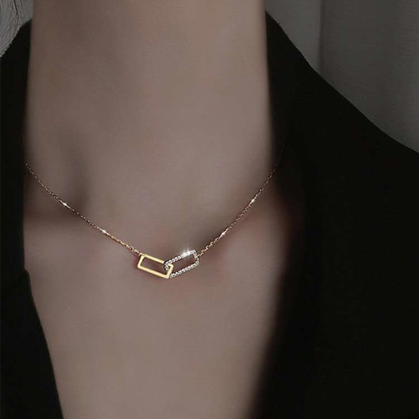Dubbellagers fyrkantigt halsband Blinkande diamant geometrisk nyckelben Gold