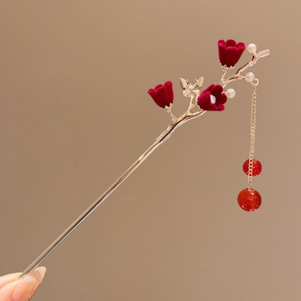 Retro rött hår stick stil Hanfu tofs kvinnor blommor smycken A1