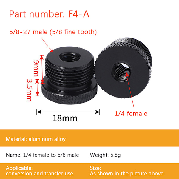 Mikrofonitelineen muunnosruuvit 1/4" - 5/8" kierreruuvi Mo Black