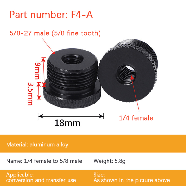 Mikrofonstativ omvandlingsskruvar 1/4" till 5/8" Gängskruv Mo Black