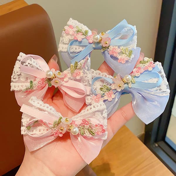 1 par søde blomsterbroderi blonder perle sløjfespænder hår Blue