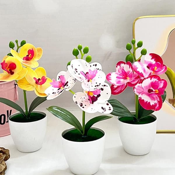 Kunstig orkidé i potte, mini Phalaenopsis, plastblomstdekorasjon A5