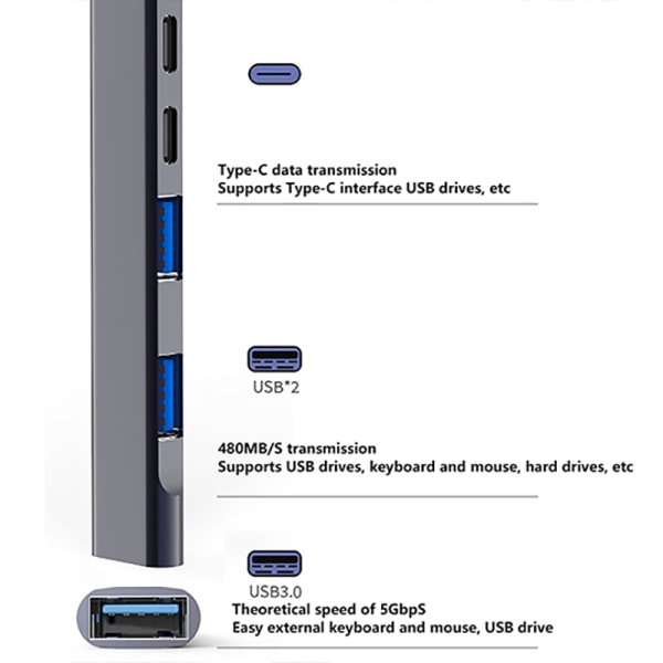 PD 100W USB C HUB Type C til USB 3.0 HUB 5 Ports Multi Splitter A grey