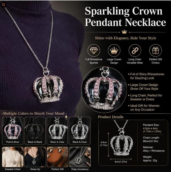 Crown Subculture 3D Stor Fuld Rhinestone Krone Sweater Kæde N A3