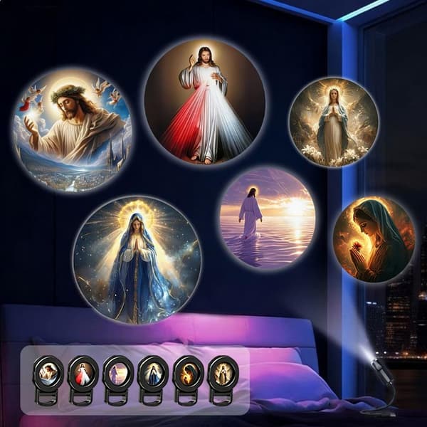 USB religiøs projektorlampe 6 mønstre kirke julekrybbe Maria H 1set