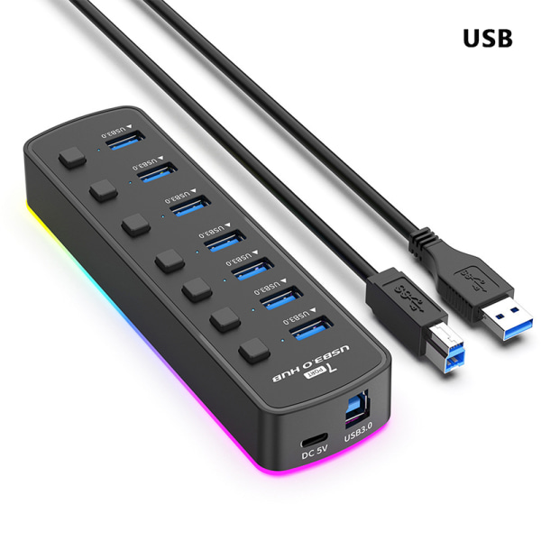 RGB USB 3.0 -keskitin 7 porttia Dataporttisovitin 5Gbps nopea Indi USB